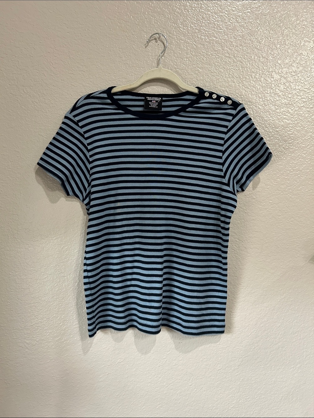 Polo Jeans Co. Blue Striped Button Accent Shoulder Tee Sz XL Summer Chic TC0389